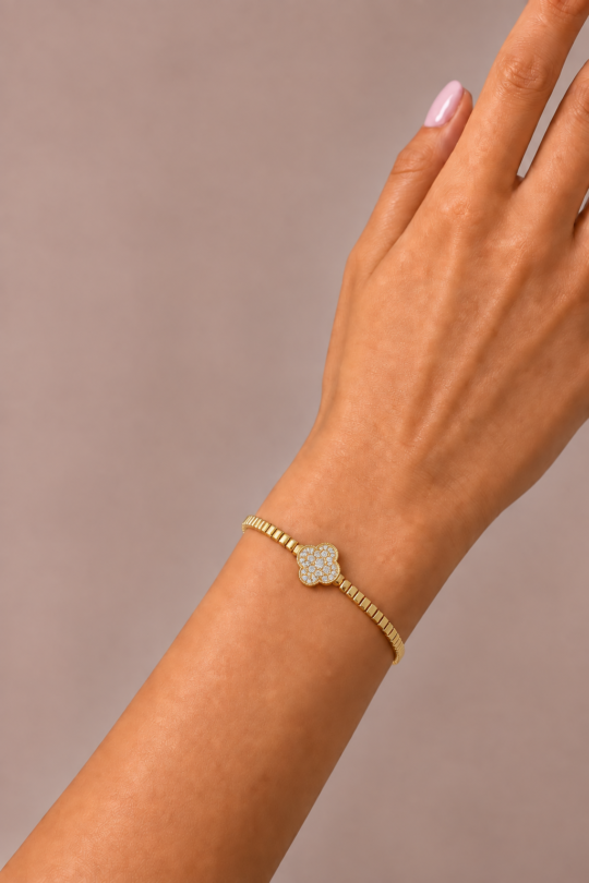 14K VİP Taşlı Ezme Yonca Bileklik
