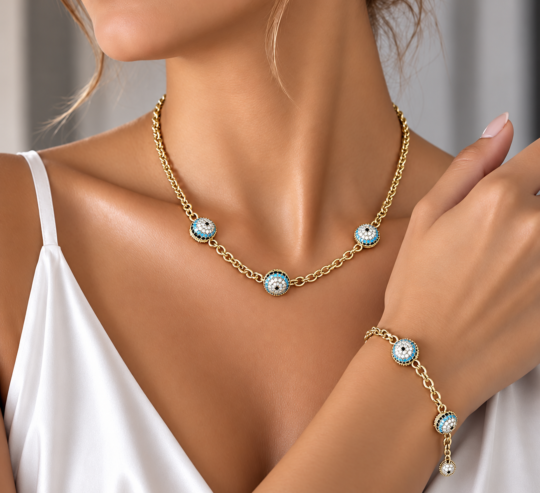 VİP 14K Nazar Boncuklu Kolye Bileklik İkili Set